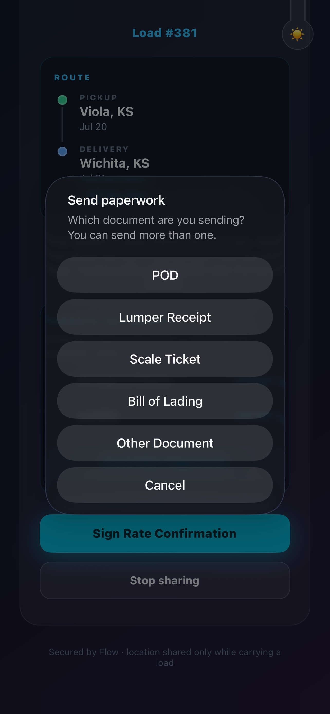 Flow Tracking app — send load paperwork (POD, BOL, scale ticket) from your phone